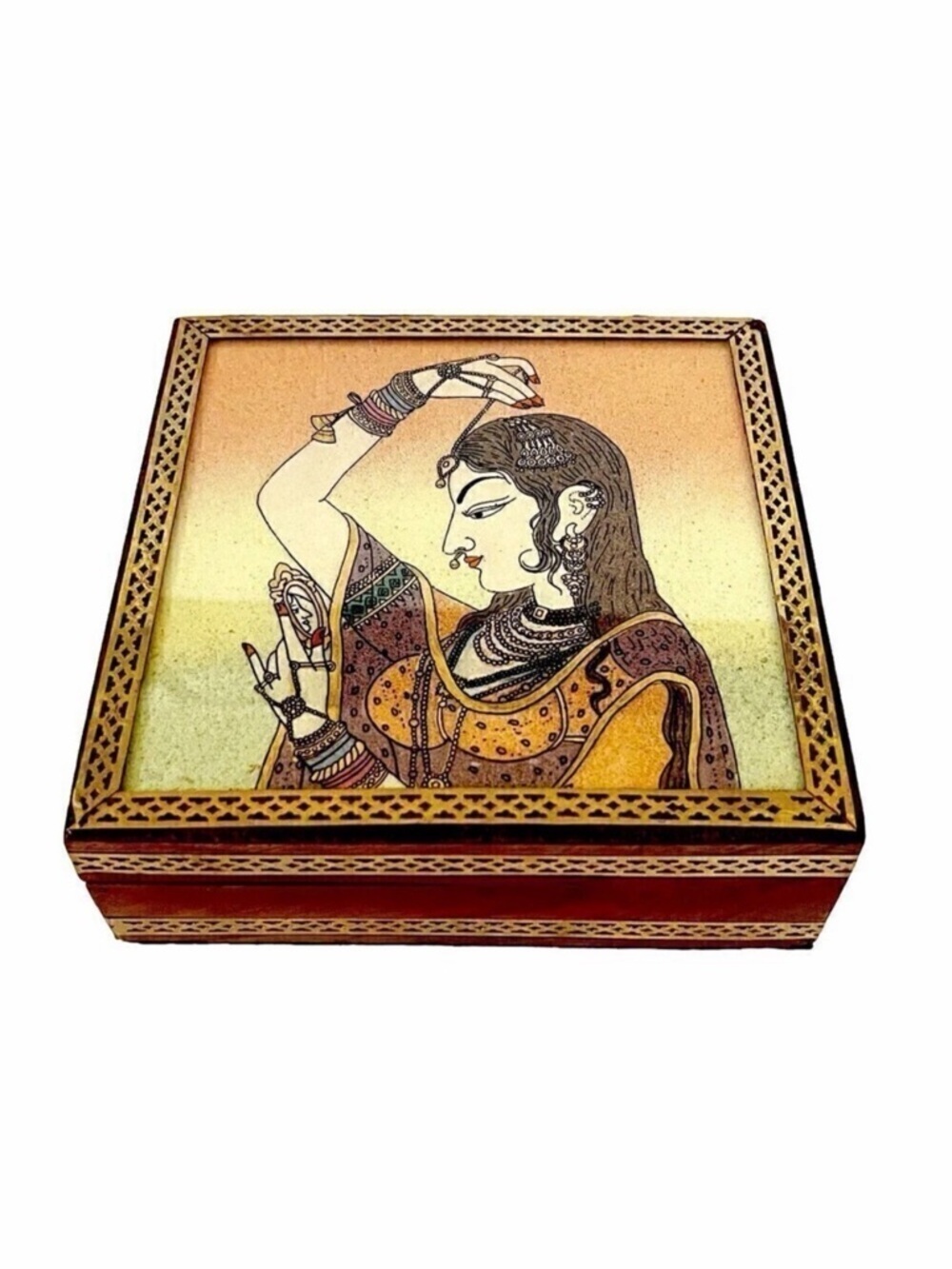 Indian Art Gemstone Painting Indian Wooden Jewelry Box Bani Thani Handcrafted